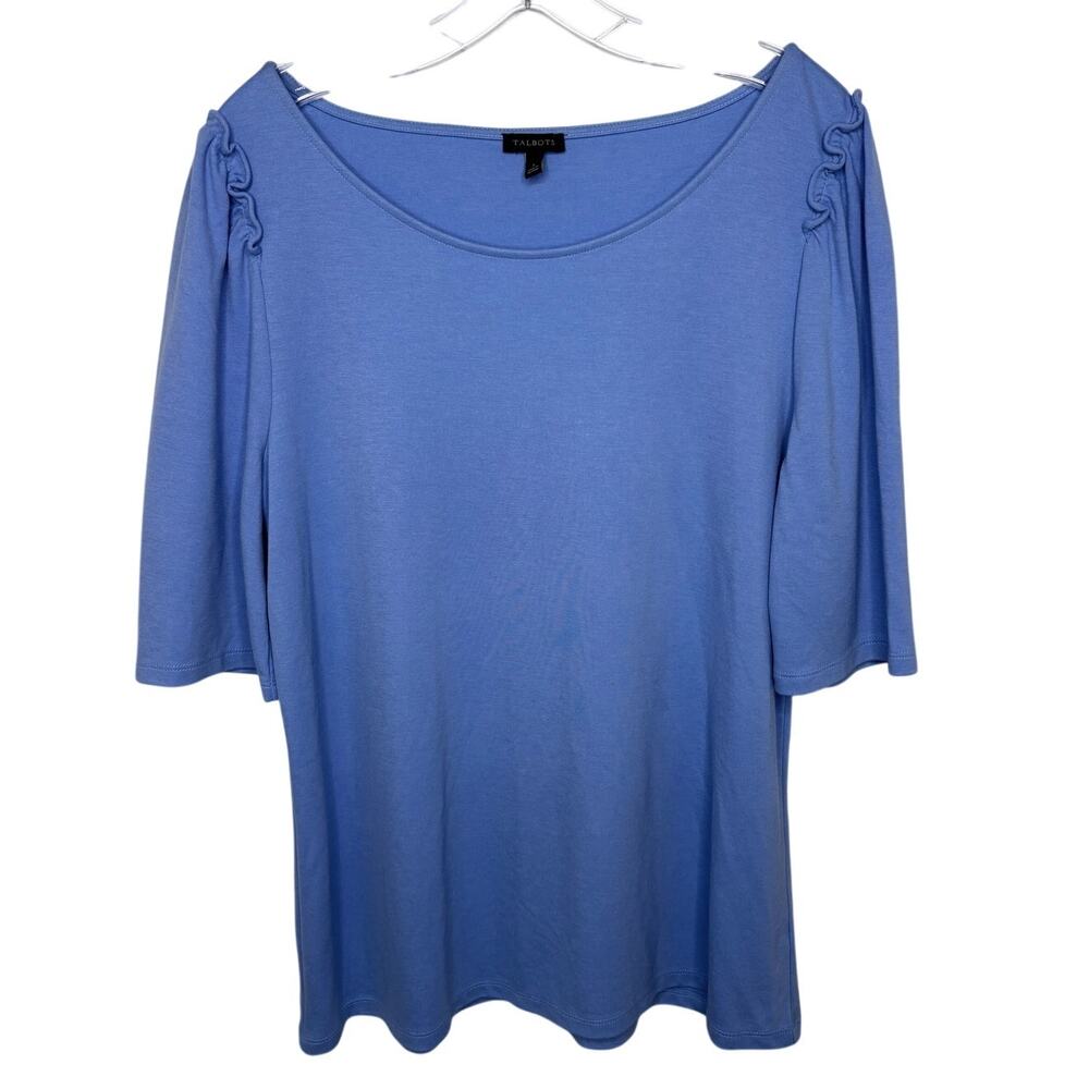 Talbots Wms Large Light Blue Elbow Length Sleeves Ruffled Knit Tunic Top Spring